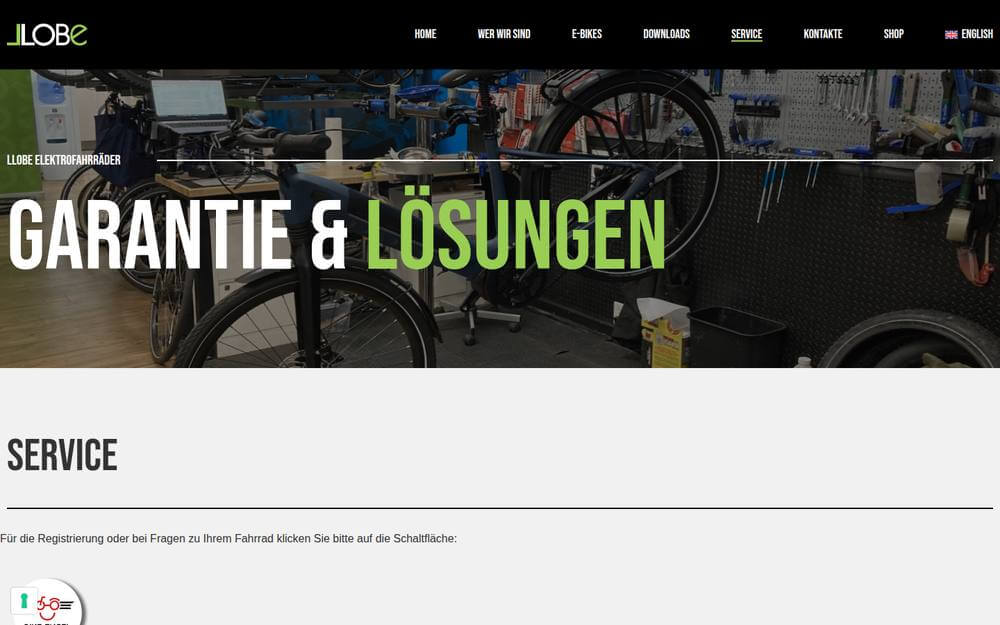 Screenshot der Service-Seite von LLOBE Bikes mit Bike-Engel-Angebot