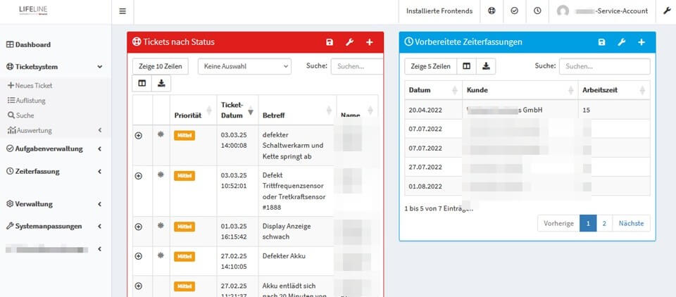 Bike-Service-Portal: Dashboard mit den offenen Vorgängen