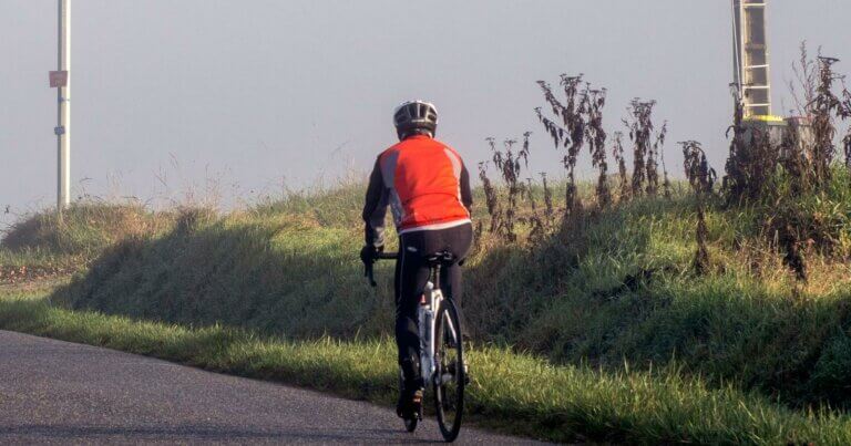 Radfahrer auf einer nebligen Landstraße, von hinten