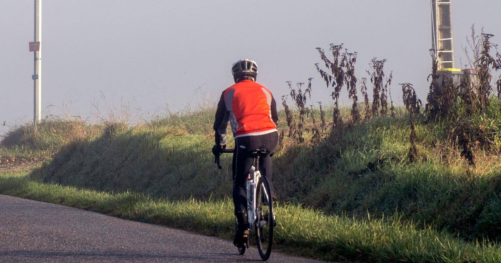 Radfahrer auf einer nebligen Landstraße, von hinten
